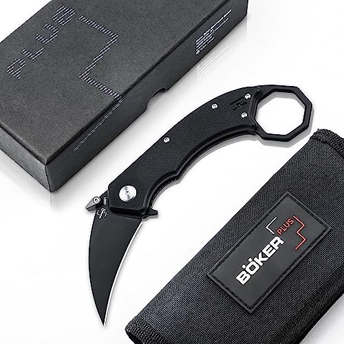 Böker Plus HEL Karambit - flipper pocket knife with G10 handle scales - folding knife with 154CM blade - small knife with clip