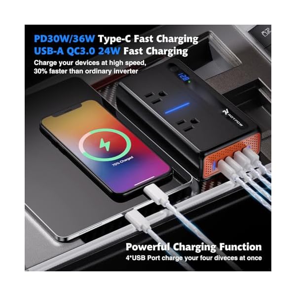 RoyPow 300W Car Power Inverter, DC 12V to 110V AC Power Inverter with Cigarette Lighter Socket, Car Plug Adapter Outlet with 3.4A USB-A, QC3.0 24W, PD 30W, PD 36W, Dual AC Outlets, Car Charger Adapter