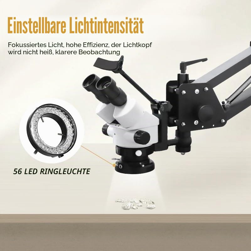 Professionelles Schmuckmikroskop mit Federarm und Universalhalterung, 7–45X kontinuierlicher Zoom, großaperturiges Kupferobjektiv, 95–300 mm Arbeitsabstand, Weitwinkel-Stereo-Mikroskop