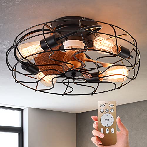 Ceiling Fan with Lights Remote Control, 20 inches 6 Speeds Enclosed Bladeless Ceiling Fan, Caged Low Profile Fush Mount Ceiling Fan with Light for Bedroom Kitchen