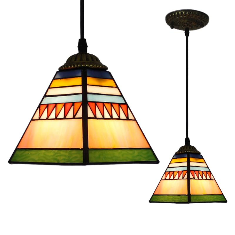 XINYASEE Tiffany Chandelier, Ceiling lamp, Pink Blue Lotus Pyramid Stained Glass Interior Decoration lamp, Vintage Chandelier for Bedroom Living Room Kitchen Island (Pick-B)