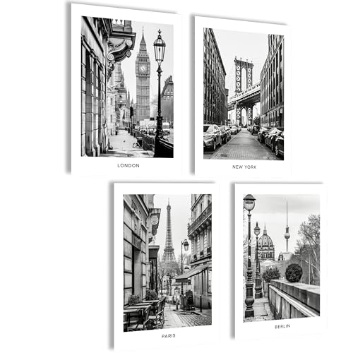 Mojoliving Tableau Noir et Blanc New York Berlin - Mural Taxi et Ligne d'Horizon - Poster Londres Paris