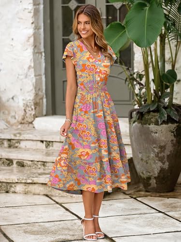 Image of BerryGo Women's Floral Boho Ruffle Summer Midi Dress Short Sleeve V Neck Empire Waist Swing Flowy Dress