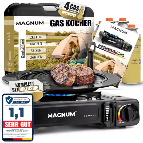 Magnum Gaskocher mit Grillplatte inkl. 4 Gaskartuschen - robuster Campingkocher mit...