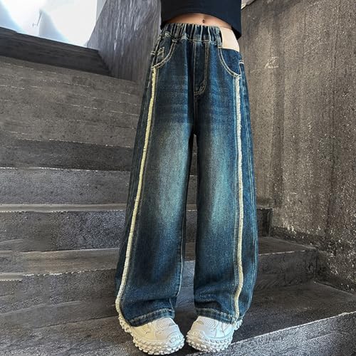 Girls Wide Leg Jeans Baggy Trousers Elastic Waist Denim Pants Distressed Casual Pants with Pockets Streetwear Clothes3