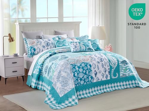Image of HZ & HY Coastal Oversized King Bedspread, Reversible Beach Pattern Quilt Set King /Cal King, Lightweight Coverlet, Scalloped Edge - Nautical Coastal Look, 6 Piece, Seahorse