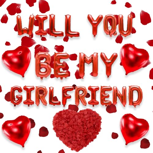 Juego de Globos y Cartas '¿Quieres ser mi Novia?', Corazón, Pétalos de Rosa, Decoraciones para la Propuesta de Matrimonio para el Día de San Valentín, Confesión (Rojo)