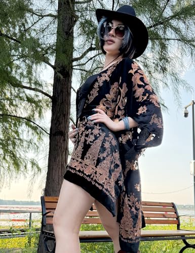 Image of Women's Burnout Velvet Kimono Long Cardigan Cover Up Casual Outfit