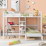CITYLIGHT Full Over Twin Bunk Bed with Desk and Storage Shelves, Metal Full Size Loft Bed Frame with Desk, Shelves and Ladder, Metal Bunk Bed Frame for Kids Teens Adults,White