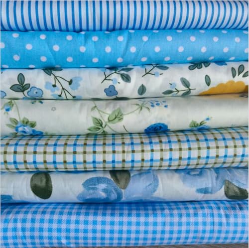 Image of Cotton Fabric DIY Making Supplies Quilting Patchwork Fabric Fat Quarter Bundles DIY for Quilting Cotton Patchwork Cushions (Small Blue Flowers, 9.8 inch x 9.8 inch)
