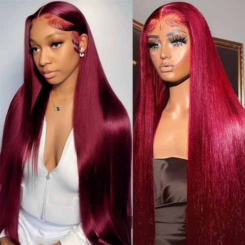 99j Burgundy Lace Front Wigs Human Hair Red Burgundy Wig 180% Density 13x6 HD Transparent Straight Lace Frontal Wigs Pre Plucked with Baby Hair Glueless Wig s for Women 26 Inch