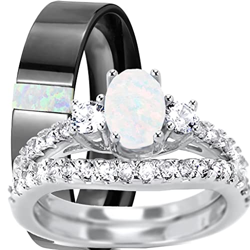 LaRaso & Co His Hers Sterling Silver TRIO Wedding Set White Topaz Opal Gemstone Bridal Rings Him Her