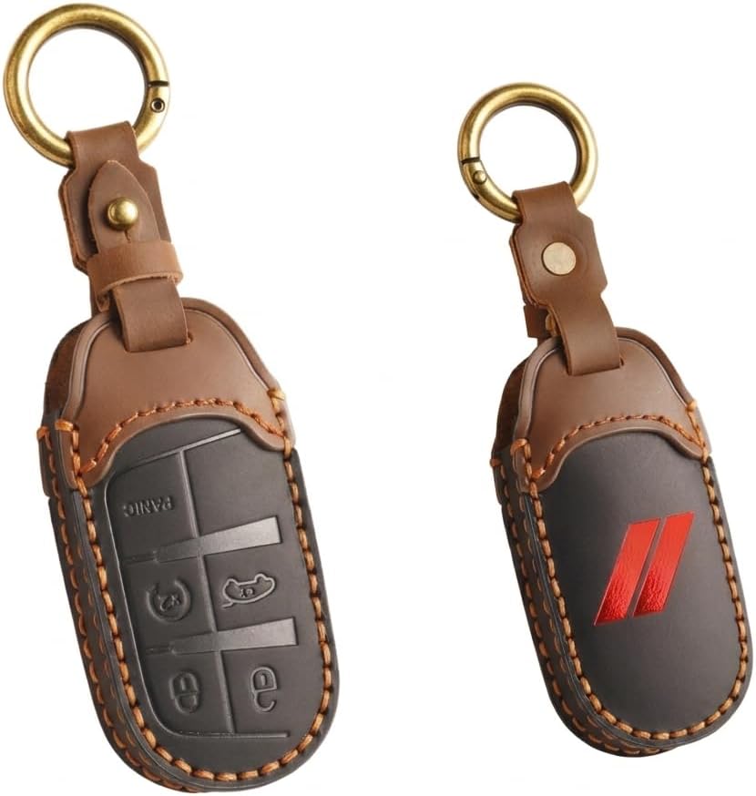 LEXLEY Crazy Horse Leather Key Fob Cover for Charger Challenger Dart Durango Journey,Handmade Leather Car Key Case with Hash Mark Embossed Design, Durable Smart Key Holder(Brown & Black)