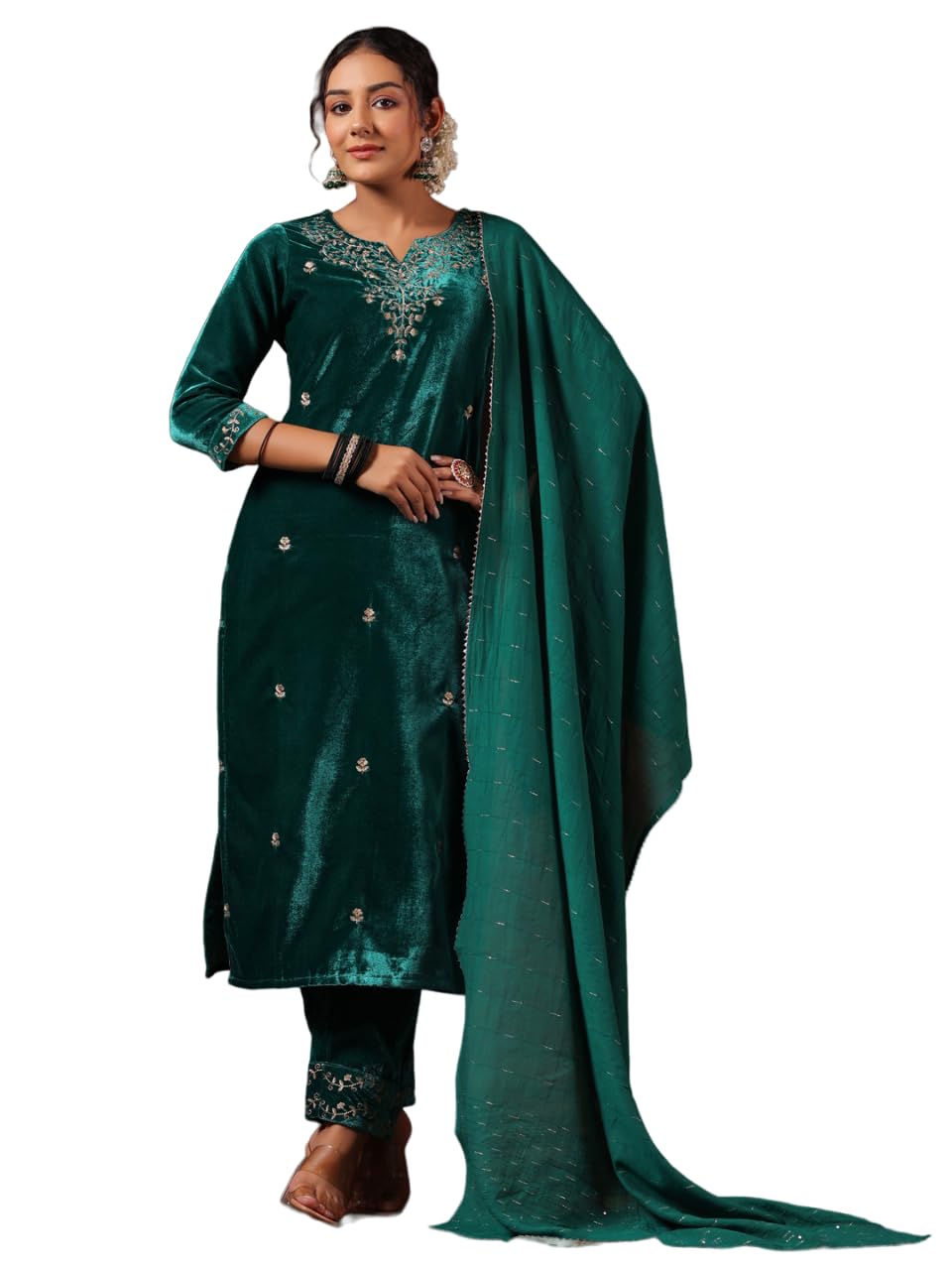 Ishin Women's Velvet Ethnic Motifs Zari Teal Straight Kurta Suit Set With Trousers And Dupatta