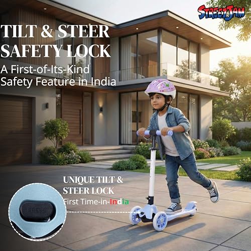 Image of STREETJAM Komiks Kids Kick Scooter for 3-12 Years, Tilt & Turn Safety Lock (1st Time in India), BIS Approved, Lean-to-Steer, Wide Deck, Adjustable Height, Up to 35 kg Load (Neon Blue with Grey)