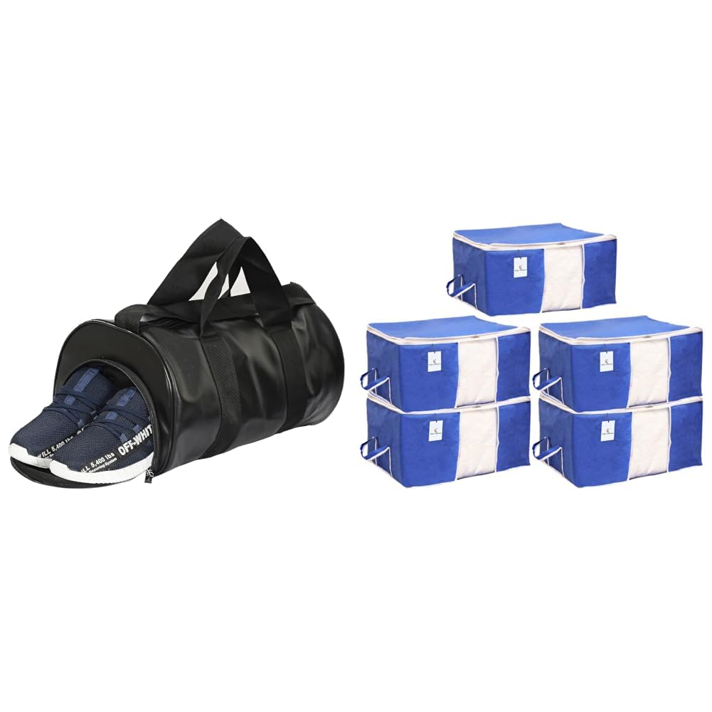 Soft Duffle Gym Bag with Shoes Compartment (Black) + Underbed Storage Bag, Storage Organiser, Blanket Cover Set of 5 - Royal Blue, Extra Large Size-CTLTC15244-image-19