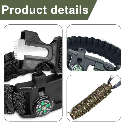 FIMWOLZ 2 Pcs Survival Armband mit Pfeife Feuerstein und Kompass Multifunktionales Paracord Armband für Outdoor-Aktivitäten mit 2 Paracord Armband