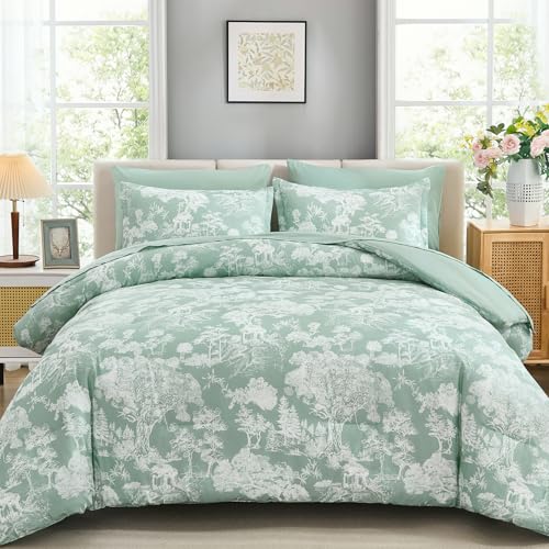 Image of DJY Floral Green Comforter Set-King Size 7 Piece Bed in a Bag,Queen Comforter Set with Sheets,Farmhouse Comforter