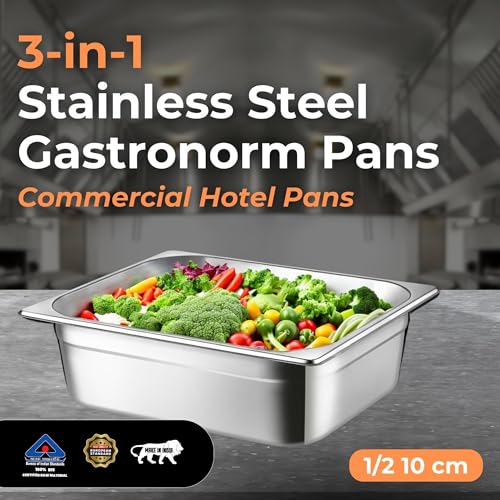 Image of HS Stainless Steel GN Pan Half Size 1 /2 100mm Depth 5.5L Capacity Anti-Jam Design 100% BIS Certified Raw Material European Standard Made in India 32.5 x 26.5 x 10 cm Professional Kitchen Grade