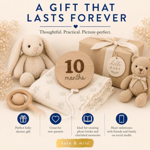Image of Kate & Milo Baby Monthly Milestone Marker Discs, Growth and Pregnancy Photo-Sharing Cards, 1-12 Months, Gender-Neutral Gift, Birthday Balloons, 6 Double Sided Props