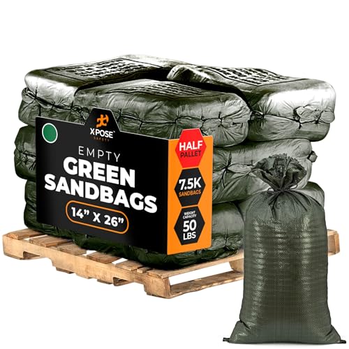 Image of Xpose Safety Heavy Duty Sand Bags with Tie Strings - Empty Woven Polypropylene Sandbags for Hurricane Flood Protection, 50 lb Capacity, 14 inch x 26 inch, Green, Bulk Half Pallet Pack of 7500