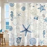 Mocsicka Nautical Coastal Shower Curtain Retro Ocean Seashell Starfish Coral Bathroom Shower Curtain Underwater Waterproof Fabric Shower Curtains Bathtub Decor with 12 Hooks 72 X 72 Inch