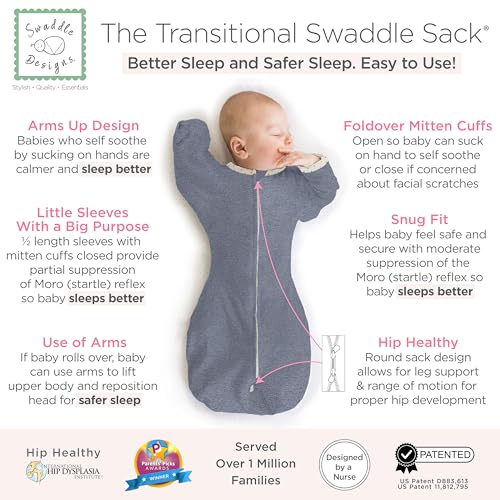 Image of SwaddleDesigns Transitional Swaddle Sack, Arms Up Half-Length Sleeve & Mitten, Most Gradual Transition Swaddle for Newborn