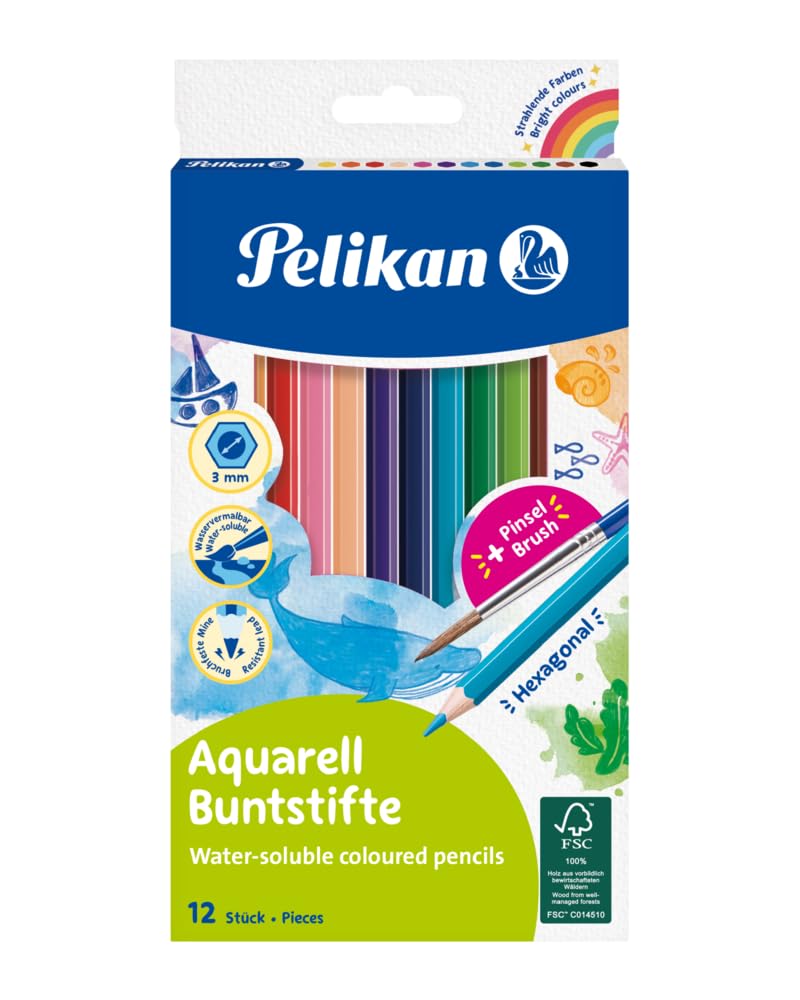 Pelikan, Lápices Acuarelables, Forma Hexagonal, 12 Colores Surtidos, Minas Resistentes The Forest Stewardship Council
