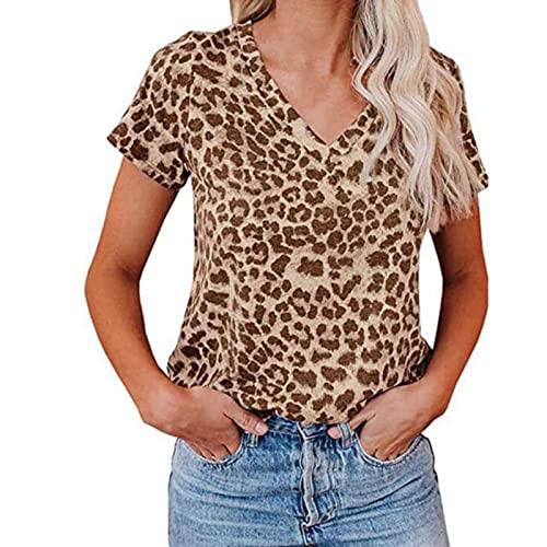 Túnica italiana moda casual camiseta con estampado de leopardo, estampado de camuflaje, cuello en V, manga corta para mujer, marrón, L