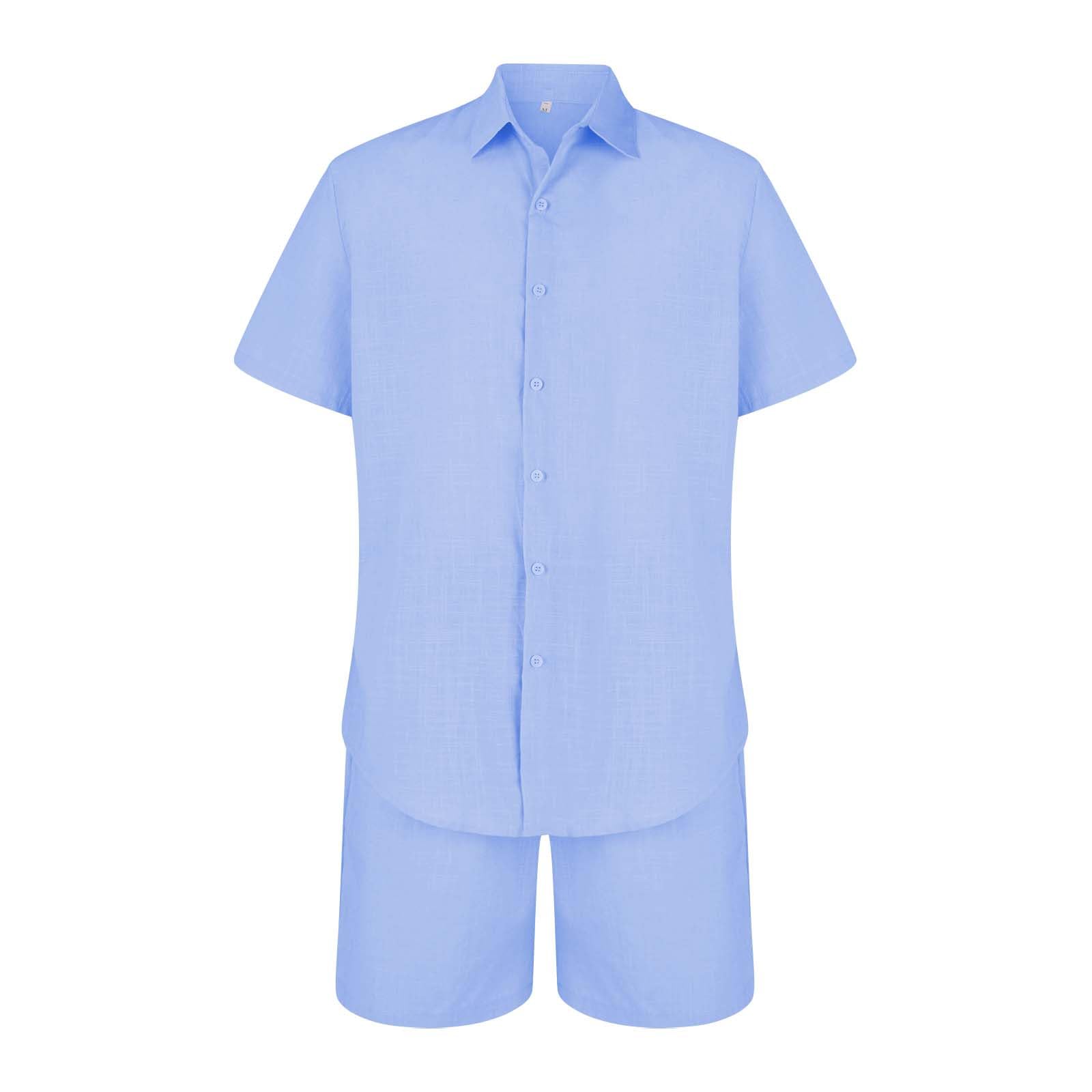 Generisch Conjunto de pantalones cortos y camisa para hombre, traje de ocio para hombre, traje de verano corto, traje de verano transpirable, traje de casa ligero con cuello alto, traje de lino, corte