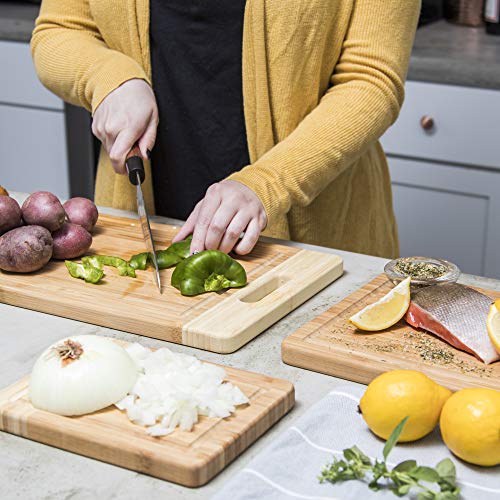 K BASIX Bamboo Cutting Board Set with Groove (3-Pcs)-Premium Quality Organic Wood Cutting Board for Kitchen-Chopping Board for Meat (Butcher Block) & Veggies-Anti Microbial 100% Natural Serving Trays