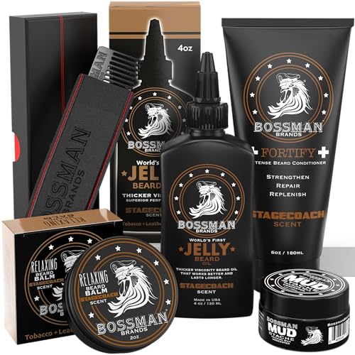 Bossman Complete Beard Kit – Men's Beard Oil Jelly, Fortifying Shower Conditioner, Balm, Mustache Wax & Comb – Beard Softener & Grooming Care – Men Gift Set (Stagecoach Scented)
