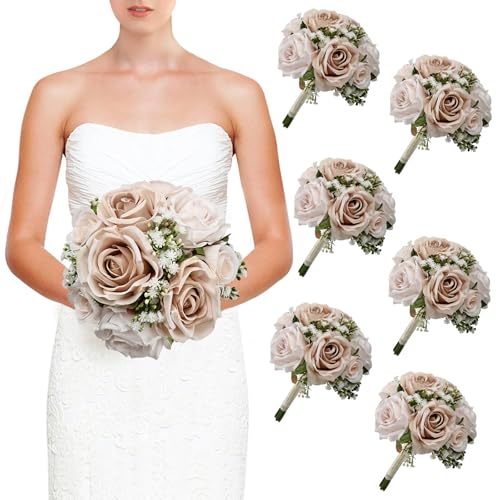 DIYDOFUN Wedding Bridesmaid Bouquets Set of 6, Artificial Silk Flowers Arrangement for Ceremony Marriage Proposal Party Anniversary Decorations - Nude