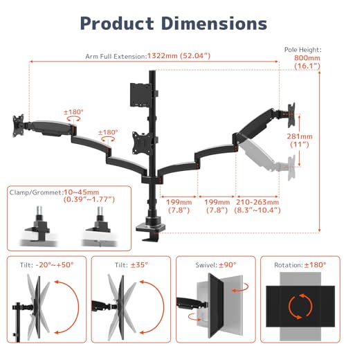 Image of PUTORSEN Quad Monitor Mount for up to 49'' Ultrawide on Top Bracket and 27'' Screens on Lower Brackets, Holds up to 44lbs, Quad Monitor Stand with Gas Spring, C-Clamp & Grommet Base