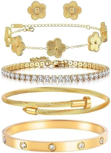 Freinit Bracelets and Earrings Set for Women 5Pcs 18K Gold Plated Nail love Bangle Bracelet Set Adjustable Bracelet Stackable Flower Tennis Bracelet Gifts for Christmas Valentines Women's Day and Mother's Day
