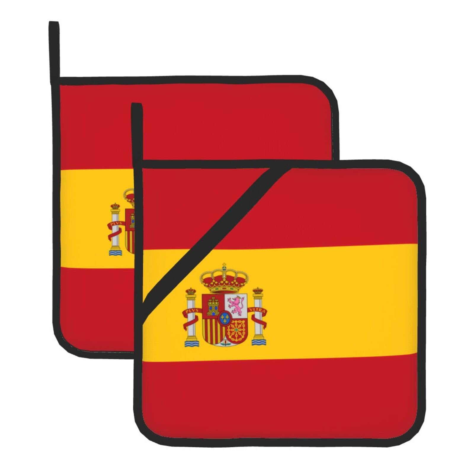 WHJDPP Spanish flag Prints Square Hot Pads for Kitchen - Waterproof Pot Holders Set of 2, Durable Trivets with Pocket & Hanging Loop for Hot Dishes & Oven Use