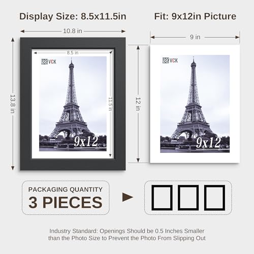 Image of VCK 9x12 Picture Frames - Black, Wide Border Solid Wood Frame, Display Photo in Horizontal and Vertical, for Home, Office, Gallery, Woodgrain Series, Table Display or Wall Hanging, 3 Pack