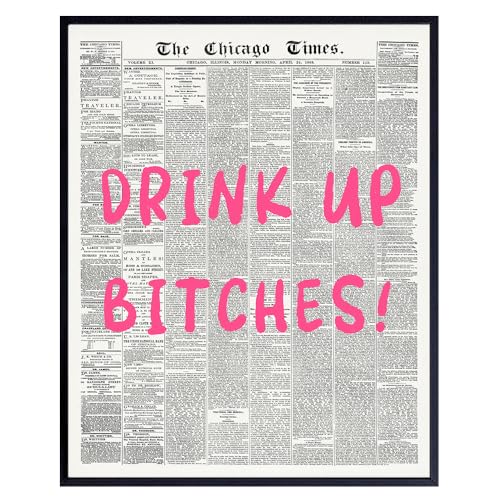 Cute Trendy Bar Wall Art - Newspaper Wall Art - Fun Decor, Cocktail party Decorations - funny Decor, Wine Artwork for Women - Dorm Room Picture Funny Sayings - small Kitchen Print