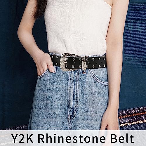 Adrjlyq Rhinestone Belt Y2K Belt Western Cowboy Cowgirl Leather Studded Country Belt Foe Women Men(Black) #TOP1