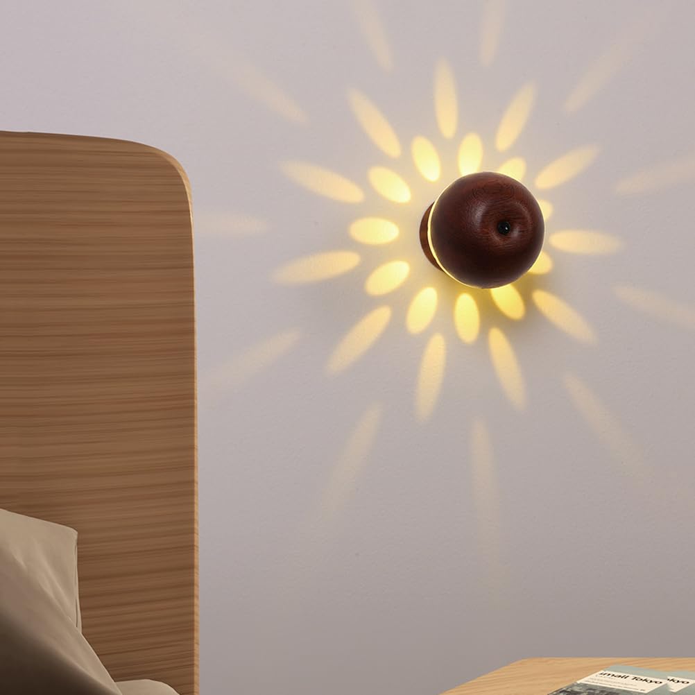 Applique da parete Effetto LED con Sensore, Dimmerabile Lampada da parete in Legno Batteria Ricaricabile 3000K Luce calda Lampada a Effetto Spot a parete magnetica per Camera da letto Corridoio,A