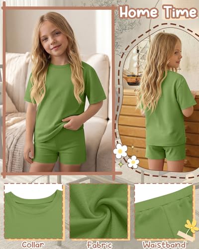 Image of Oakgarden Summer Outfits for Girls 5-14Y Athletic Casual Sets Kid Short Sleeve Shirt Bike Shorts 2 Piece Tween Trendy Clothes