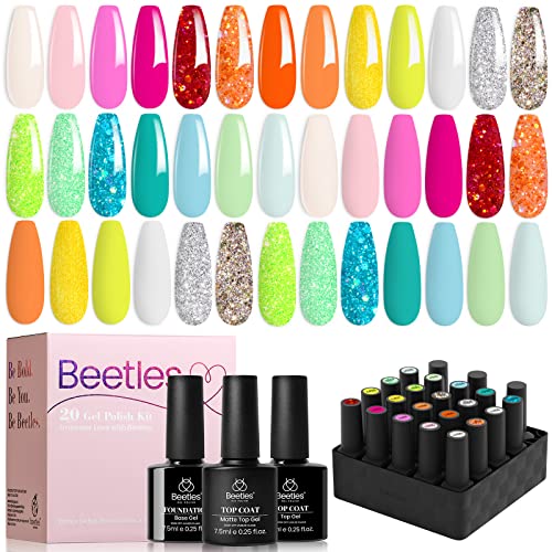 Beetles Gel Nail Polish Set - 20 Colors Diva Of Divas Collection Hot Pink Yellow Green Glitter Gel Polish With Glossy & Matte Top Coat And Base Coat Soak Off Nail Lamp Summer Color Gel Diy Manicure #TOP10
