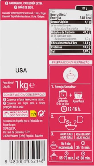 Hacendado Garbanzos Extra Qualität, Spanische Kichererbsen, 1 kg Packung, Trockenleguminosen, Zimmertemperatur Lagerung. Pack de 3