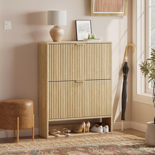 Image of Evermagin 31.5''W Oak Shoe Cabinet Storage for Entryway, Fluted Slim Shoe Dresser with 2 Flip Drawers, Narrow Shoe Rack Cabinet, Hidden Shoe Organizer Cabinet for Entrance, Hallway