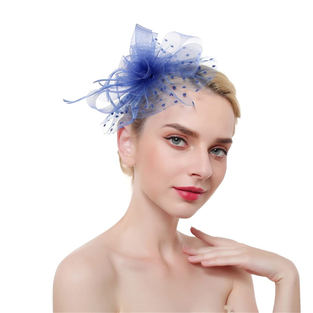 FBHappiness Feather Fascinators On Headband For Women Ladies Hair Clip Mesh Tea Party Cocktail Hair Accessories ，Cocktail Hats(Blue)