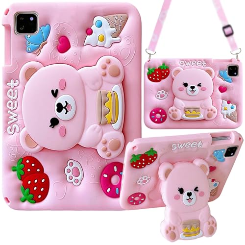 Bambini Cover per iPad Pro 11 M5/M4 2025/2024/iPad Pro 11 2022/2021/2020/2018 Case, Custodia Morbida in Silicone Antiurto con Portamatite, Carino Supporto Pieghevole, Tracolla