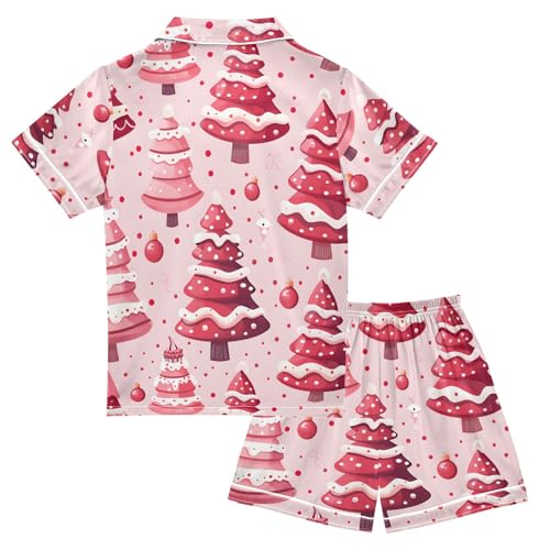 Satin Pajama Sets Short Sleeve Christmas Trees Pattern in Pink Button Down Silky Nightwear 2 Piece PJS 5-14Y2