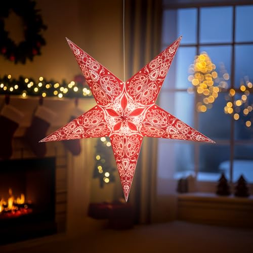 Image of GalaxyArts Paper Star Lantern, 24-Inch Maharani Red, 3D 5-Point Hanging Light Up Lamp for Christmas, Diwali, Weddings, Parties, Birthday, Handmade Foldable Indoor Outdoor Ceiling Decoration