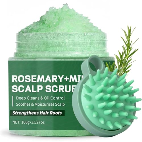 Scalp Scrub, Rosemary Oil Scalp Scrub, Mint Scalp Exfoliator, Scalp Cleansing Nourishing, Rosemary Shampoo Oil Controlling, Prevent Hair Loss, Cream with Massager, 100g