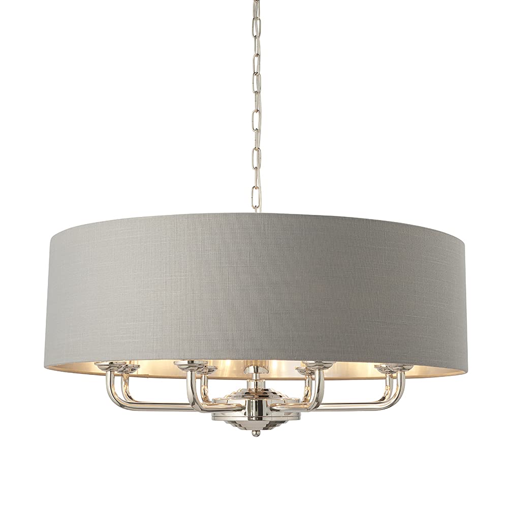 Endon 94415 Classic Modern Highclere 8 Light 40W E14 LED Height Adjustable Ceiling Pendant Light in Bright Nickel Plated Finish Charcoal Linen Fabric Shade